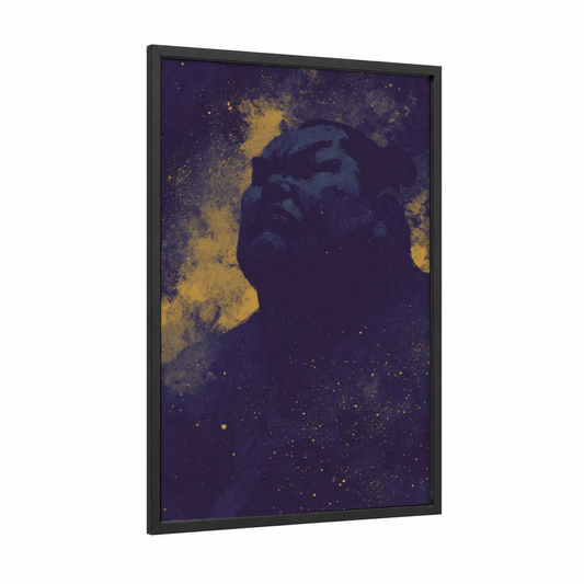 Cosmic Sumo framed art print — black wood frame — gold and royal blue palette