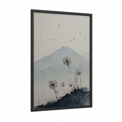 Misty Mountain Dandelions framed art print — black wood frame — gray and black and white palette