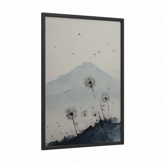 Misty Mountain Dandelions framed art print — black wood frame — gray and black and white palette