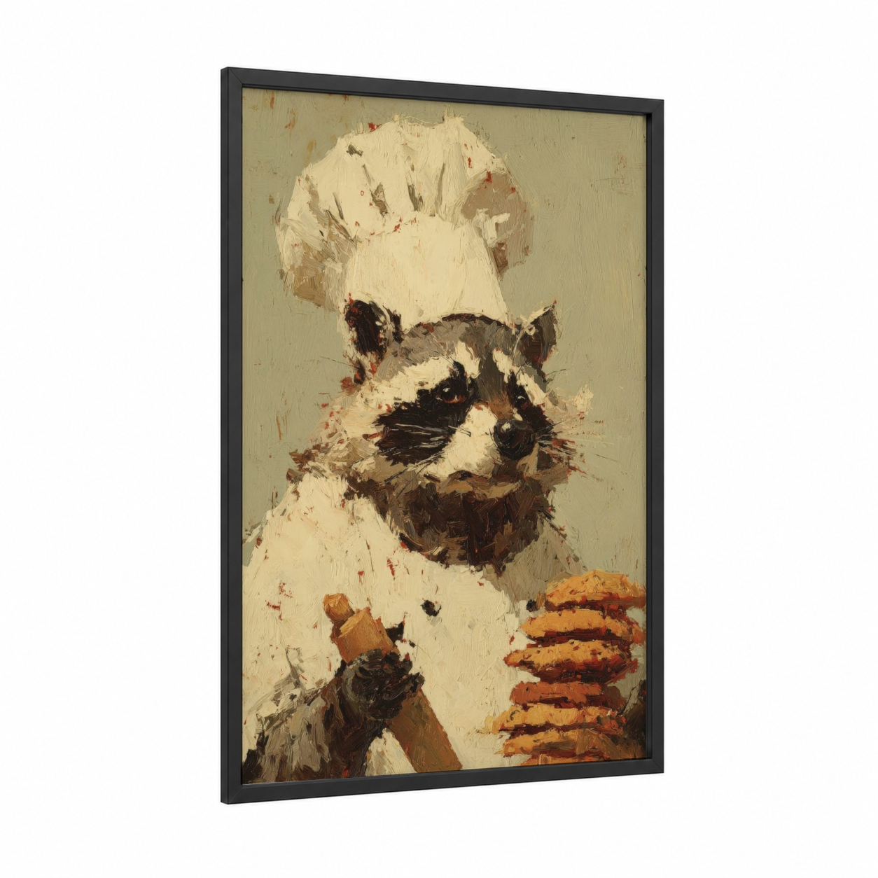 Curious Raccoon framed art print — black wood frame — cream and russet palette
