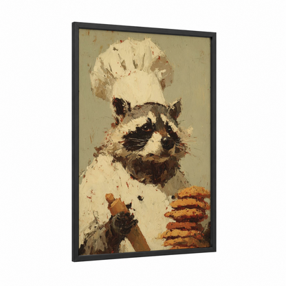 Curious Raccoon framed art print — black wood frame — cream and russet palette