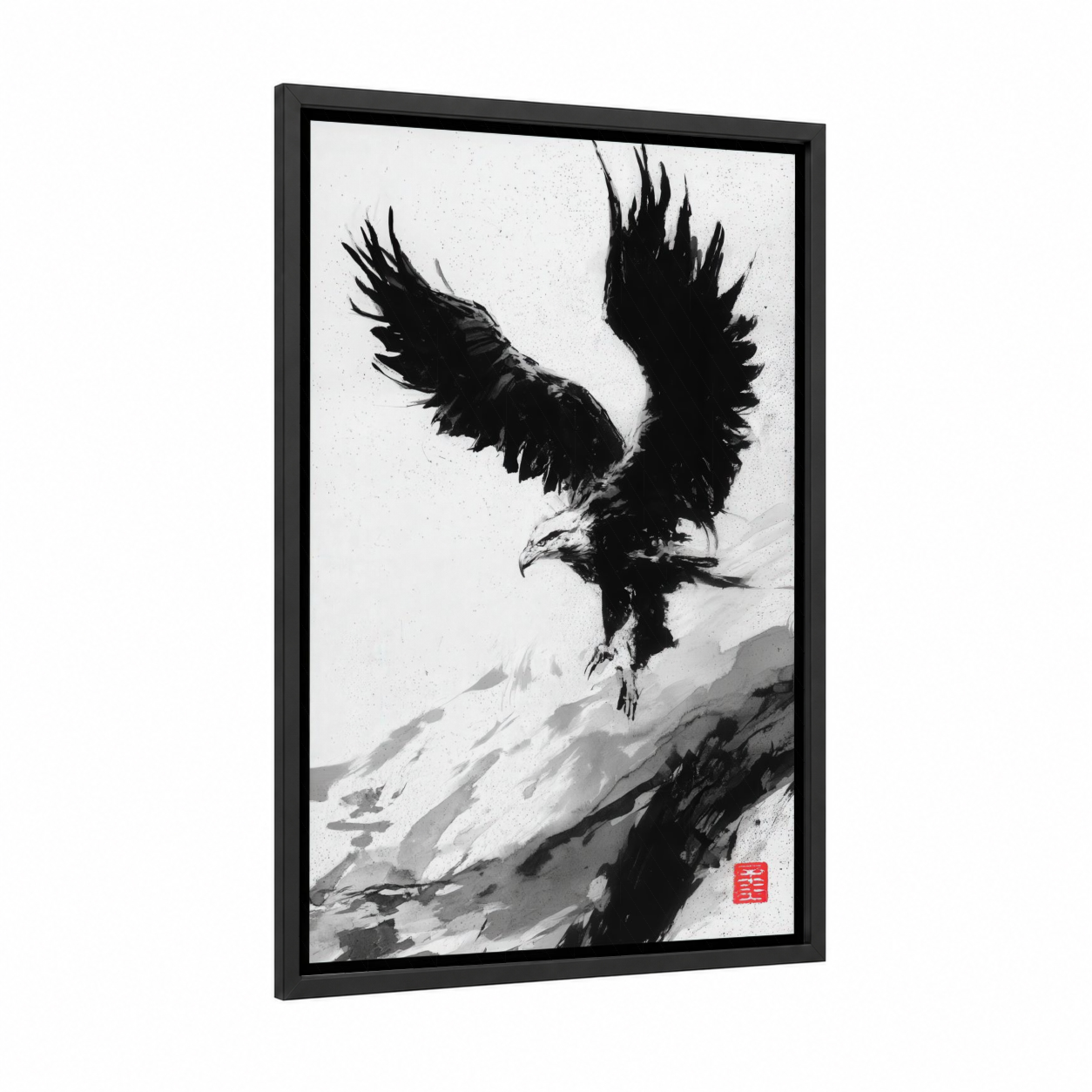 Descending Eagle framed art print — black wood frame — black and white palette
