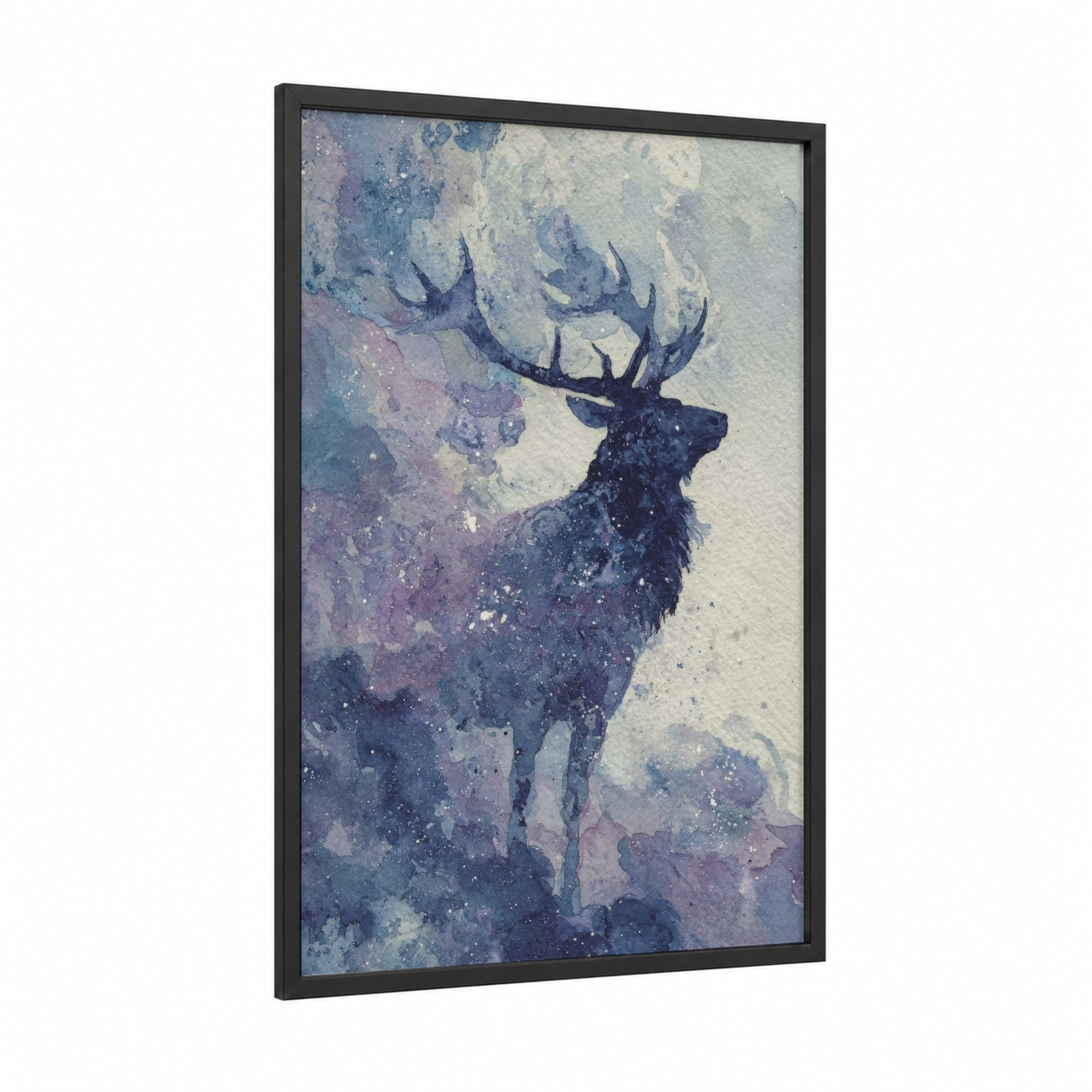 Cosmic Elk framed art print — black wood frame — lavender and blue and white palette