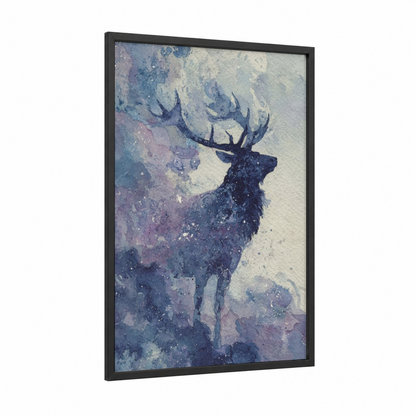 Cosmic Elk framed art print — black wood frame — lavender and blue and white palette