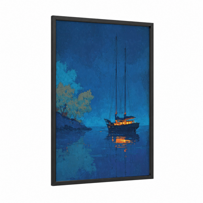 Glowing Sailboat framed sailing ship print — black wood frame — blue and gold palette