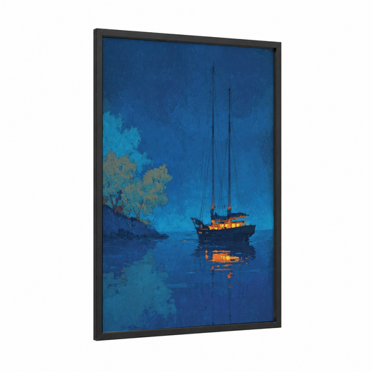 Glowing Sailboat framed sailing ship print — black wood frame — blue and gold palette