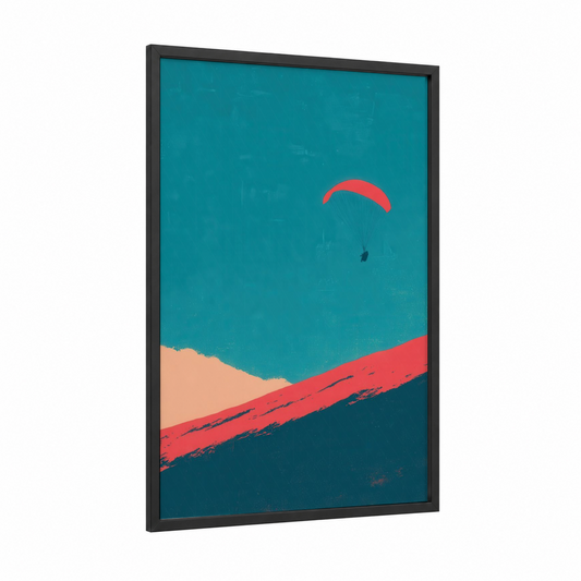 Coastal Paragliding framed art print — black wood frame — teal and salmon pink palette
