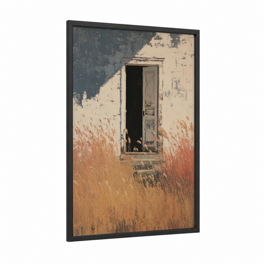Weathered Field Door framed art print — black wood frame — cream and russet palette