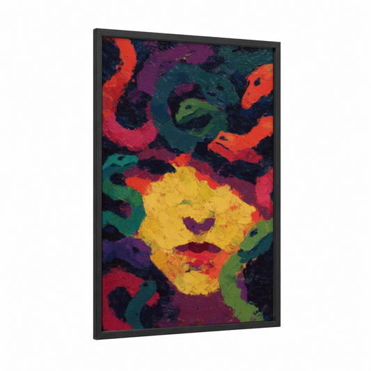 Neon Medusa framed art print — black wood frame — yellow gold and orange palette
