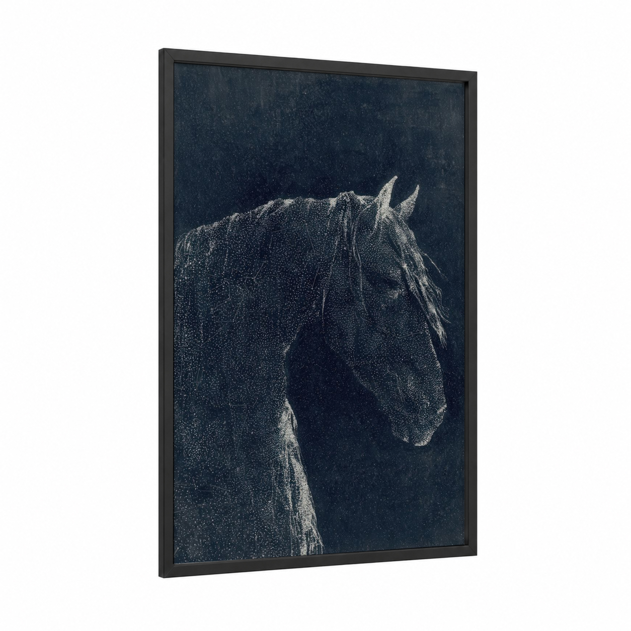 Noble Friesian framed friesian horse print — black wood frame — black and white and gray palette