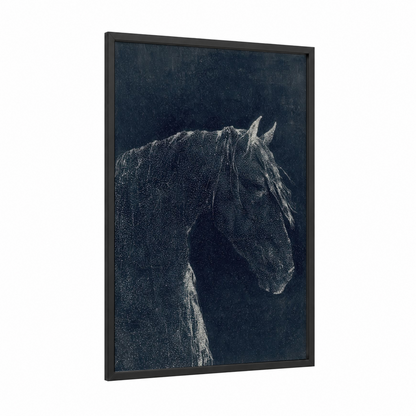 Noble Friesian framed friesian horse print — black wood frame — black and white and gray palette