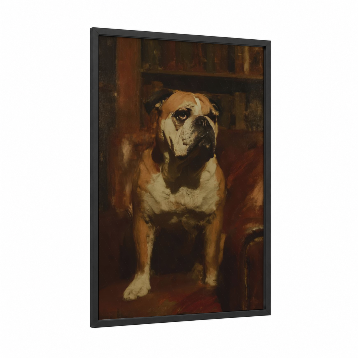 Dignified Bulldog Portrait framed art print — black wood frame — brown and cream palette