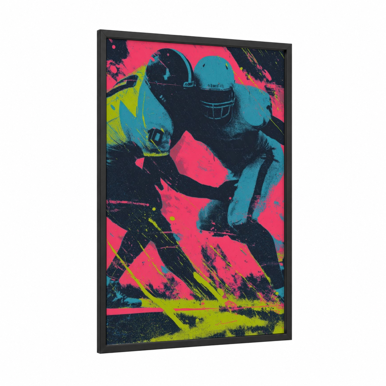 Neon Football Clash framed art print — black wood frame — magenta and turquoise palette