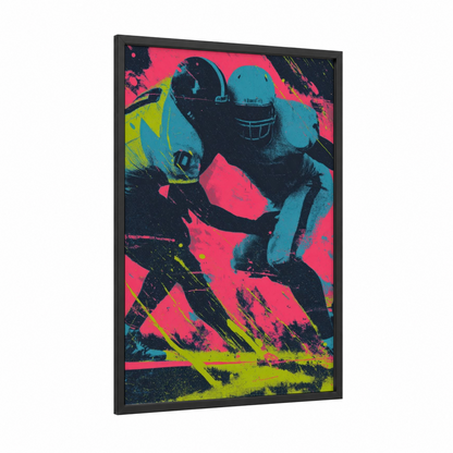Neon Football Clash framed art print — black wood frame — magenta and turquoise palette