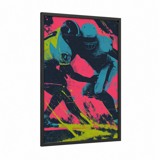 Neon Football Clash framed art print — black wood frame — magenta and turquoise palette