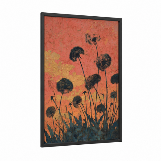 Sunset Dandelions framed art print — black wood frame — orange and gold palette