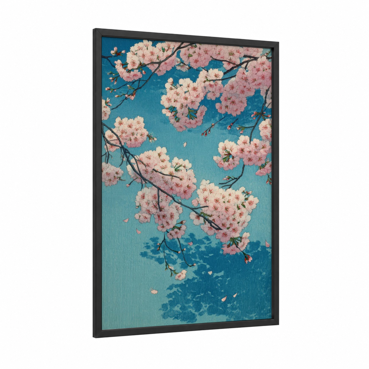 Blooming Cherry Sky framed cherry blossoms print — black wood frame — blue and pink palette