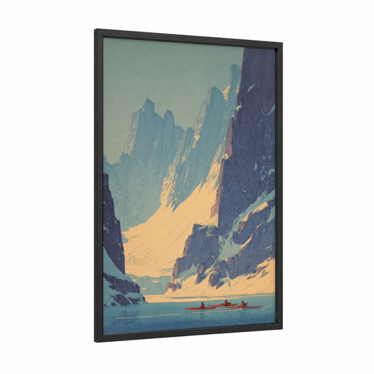 Alpine Kayak Journey framed kayaks and canoes print — black wood frame — blue and gold palette