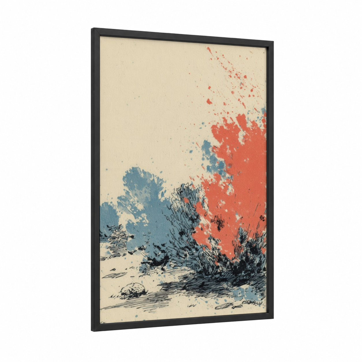 Coral Reef Splash framed art print — black wood frame — red and blue palette