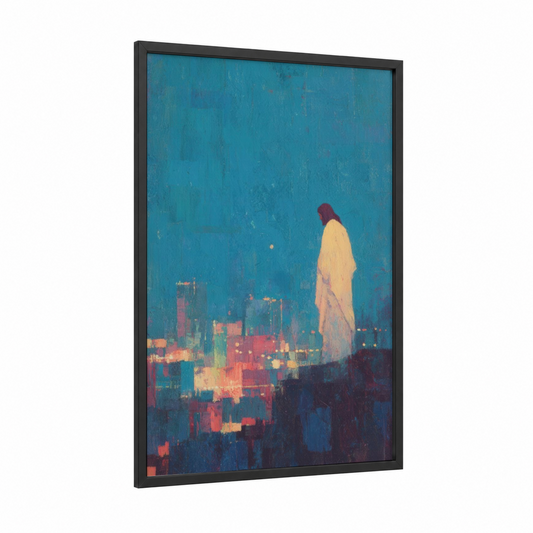 Watchful Savior framed jesus christ print — black wood frame — blue and gold palette