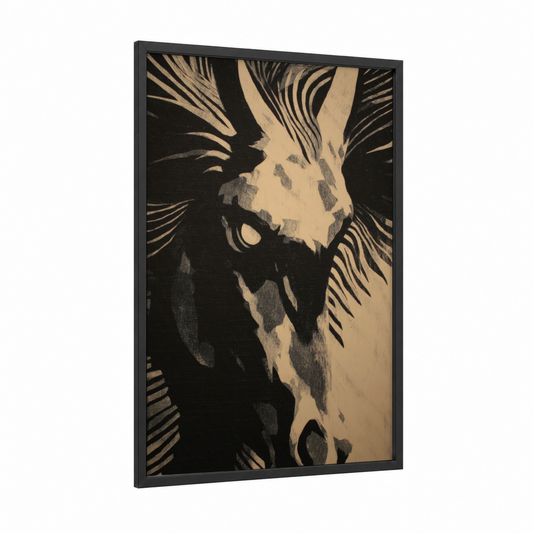 Mythical Pegasus framed art print — black wood frame — black and white and cream palette
