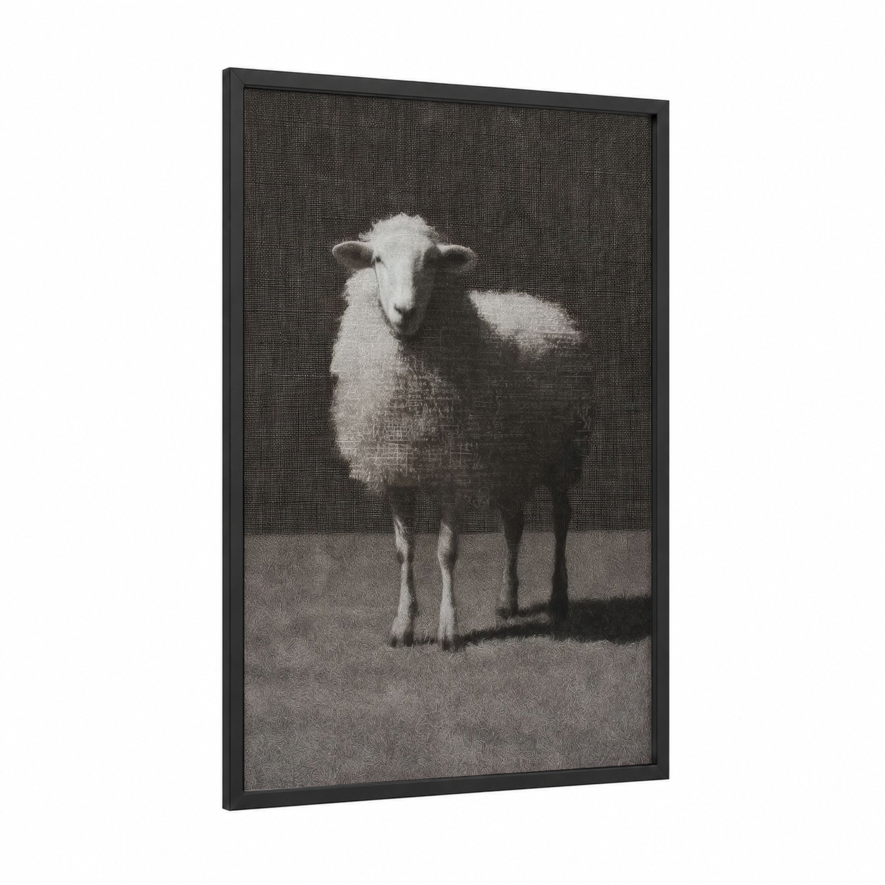 Portrait Sheep framed art print — black wood frame — black and white and gray palette