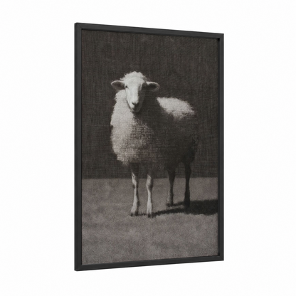 Portrait Sheep framed art print — black wood frame — black and white and gray palette
