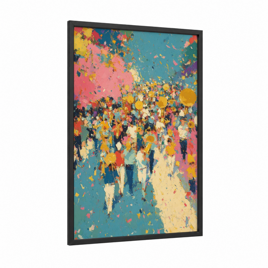 Festive Confetti Celebration framed mardi gras print — black wood frame — pink and gold palette