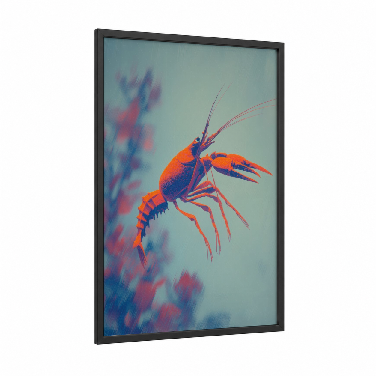 Vibrant Crayfish framed art print — black wood frame — orange and blue palette