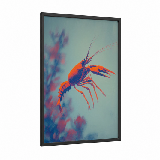 Vibrant Crayfish framed art print — black wood frame — orange and blue palette