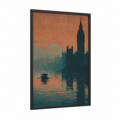 Crimson Big Ben framed art print — black wood frame — orange and teal palette