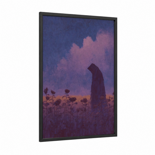 Solitary Specter framed dark fantasy print — black wood frame — purple and peach palette