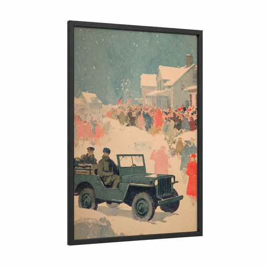 Snowy Veterans Parade framed veterans day print — black wood frame — blue and white and cream palette