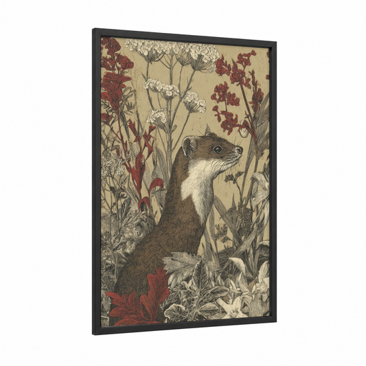 Garden Weasel framed art print — black wood frame — cream and maroon palette