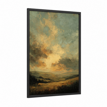Golden Morning Sky framed art print — black wood frame — gold and sage green palette