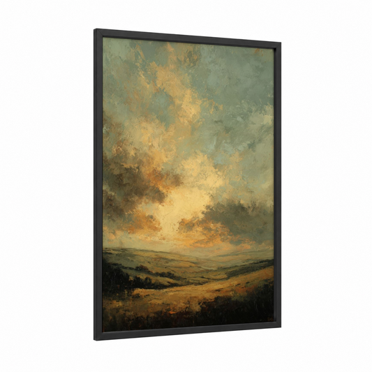 Golden Morning Sky framed art print — black wood frame — gold and sage green palette
