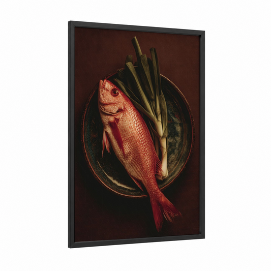 Crimson Fish Study framed seafood print — black wood frame — red and brown palette