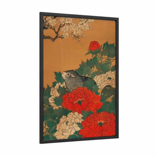 Garden Guinea Pig framed art print — black wood frame — gold and red palette