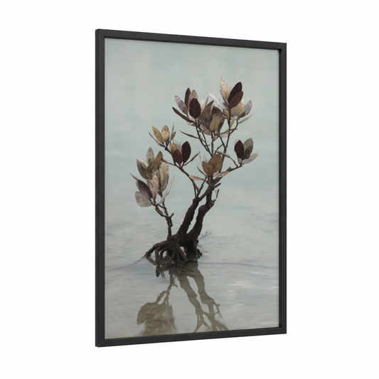 Tidal Mangrove framed art print — black wood frame — gray and dove gray palette