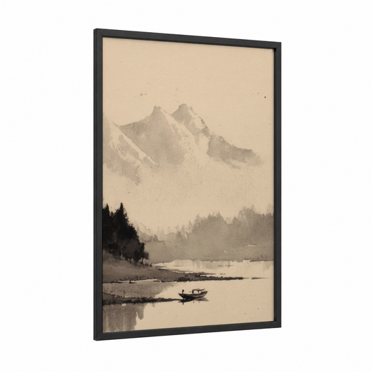 Misty Mountain River framed rivers print — black wood frame — cream and dove gray palette