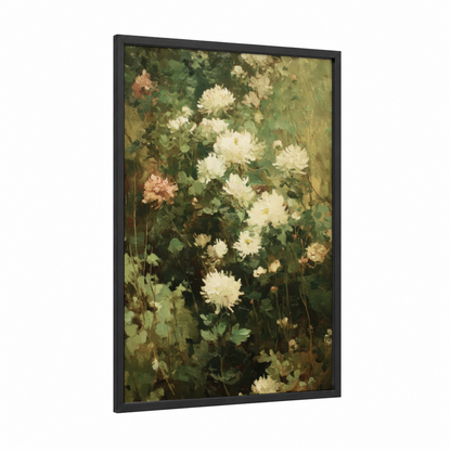 Ivory Chrysanthemums framed art print — black wood frame — cream and green palette