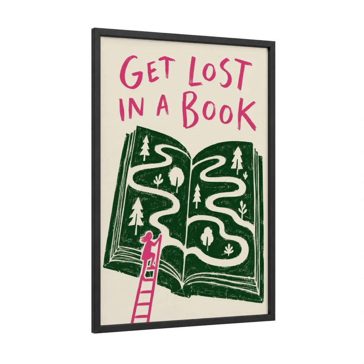Reading Forest Path Book Wall Art framed art print — black wood frame — true green and pink palette