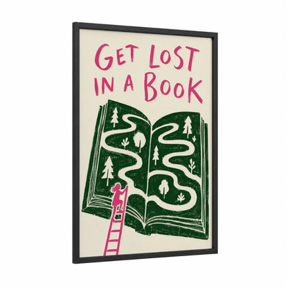 Reading Forest Path Book Wall Art framed art print — black wood frame — true green and pink palette