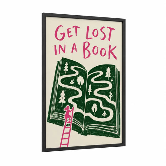 Reading Forest Path Book Wall Art framed art print — black wood frame — true green and pink palette