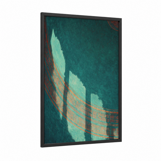 Teal Dome Interior framed art print — black wood frame — teal and gold palette
