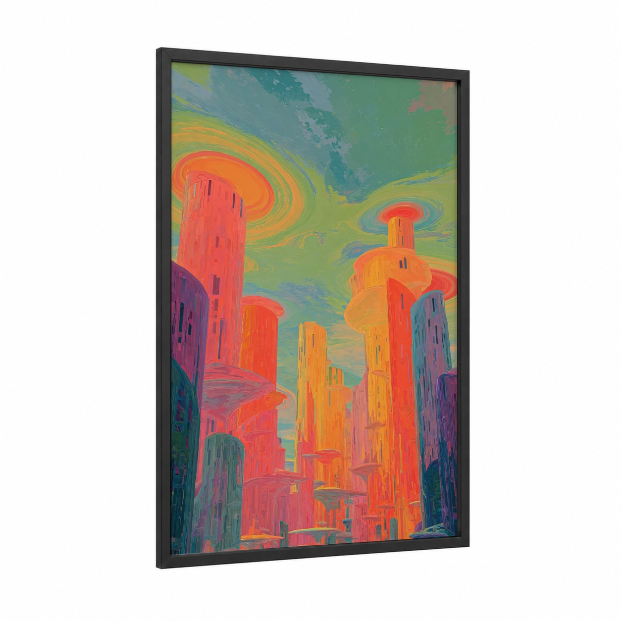 Alien Metropolis framed extraterrestrial print — black wood frame — orange and green palette