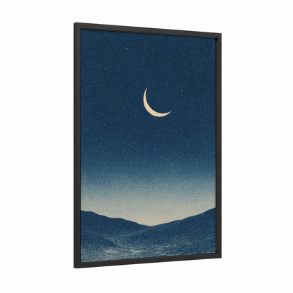 Crescent Night Sky framed space print — black wood frame — dark blue and cream palette
