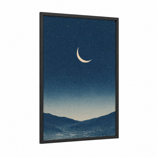 Crescent Night Sky framed space print — black wood frame — dark blue and cream palette