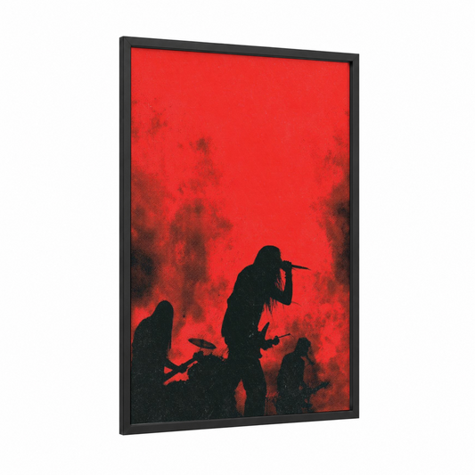 Crimson Stage Silhouette framed death metal print — black wood frame — red and black palette