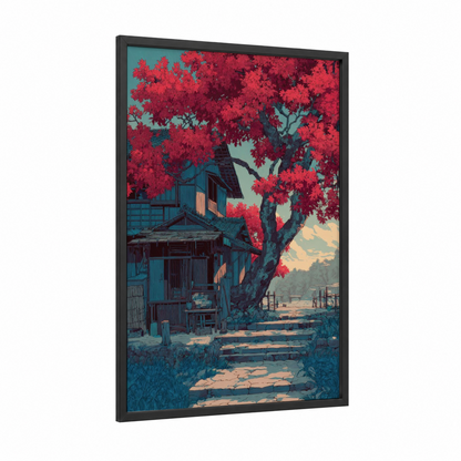 Crimson Maple Homestead framed maple forest print — black wood frame — red and teal palette
